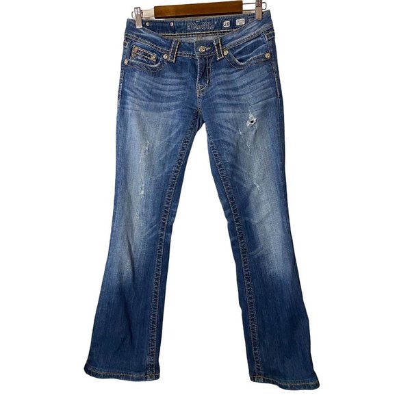 Miss Me Jeans Medium Wash Low Rise Boot Cut Studs/Gems Size 28 - Picture 1 of 13